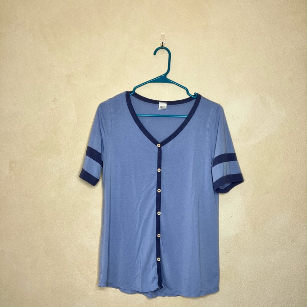 Blue V-Neck Button-Up Shirt
